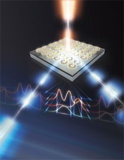 ncident laser beam (top of the figure)  illuminating an array of nanoscale gold resonators on the surface of a quantum well semiconductor