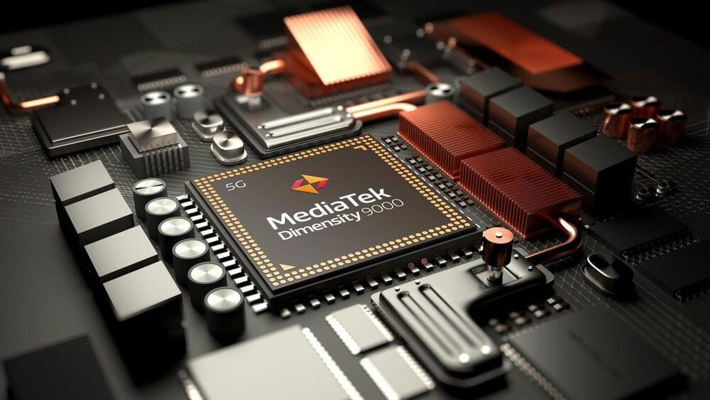  A close-up of a MediaTek Dimensity 9000 mobile chipset with 5G connectivity, which is an AI processor designed for smartphones.