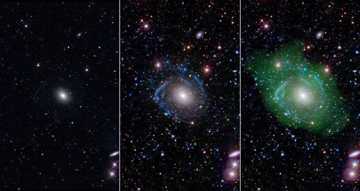 At left, in optical light, UGC 1382 appears to be a simple elliptical galaxy. But spiral arms emerged when astronomers incorporated ultraviolet and deep optical data (middle). Combining that with a view of low-density hydrogen gas (shown in green at right), scientists discovered that UGC 1382 is gigantic.