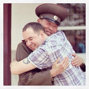 DMZ Northern Commander and former American commander, Michael Bassett, hug during the April 2013 Period of Brinksmanship. (Photo credit Joseph Ferris)